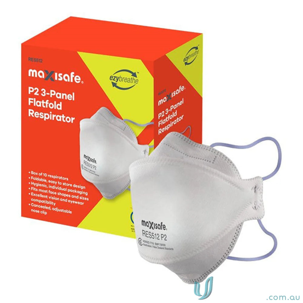 White P2 flatfold respirator with blue straps for workwear or uniforms safety gear