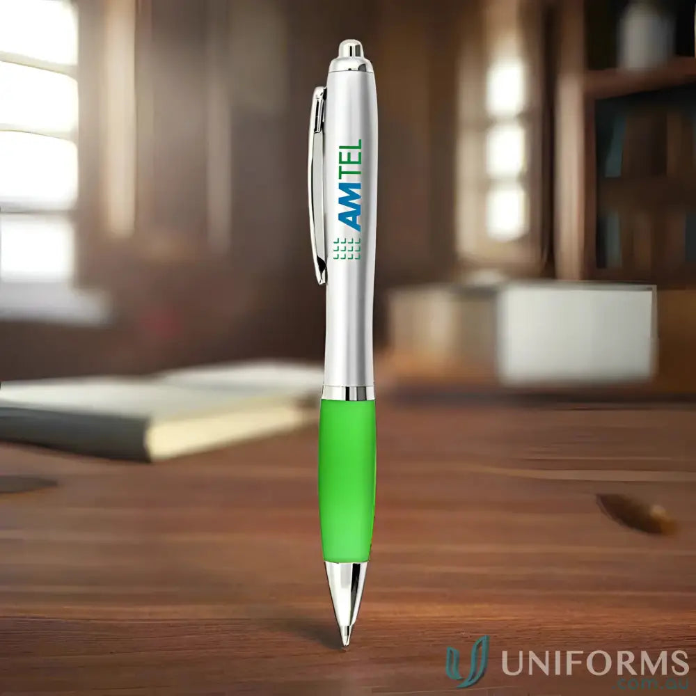 Silver and green branded promotional pens from 250 Printed Pens for your business