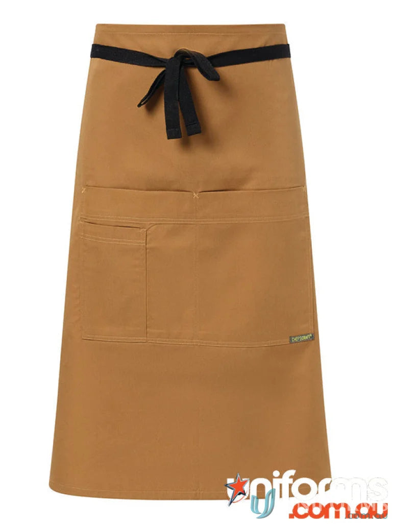 Brown half bistro apron with black ties and front pockets perfect for workwear and uniforms