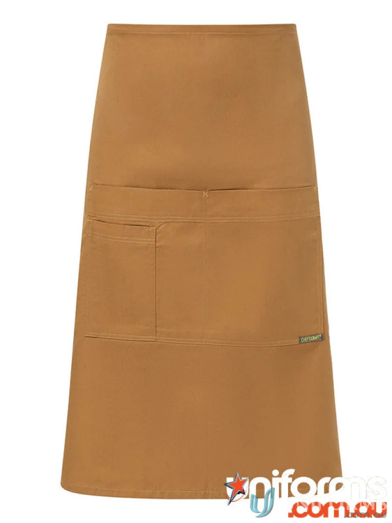Camel-colored half apron with pockets for workwear and uniforms, perfect for any job