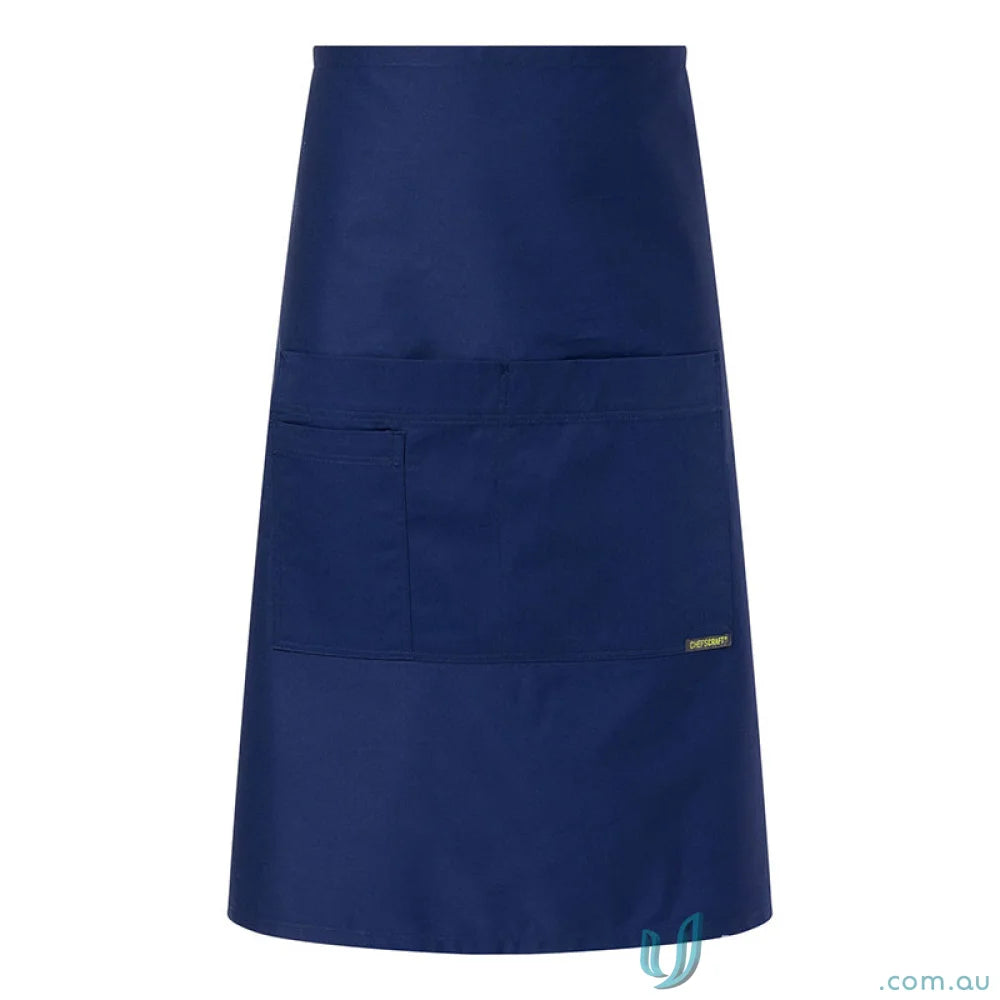 Navy blue half apron with three pockets perfect for workwear and uniforms