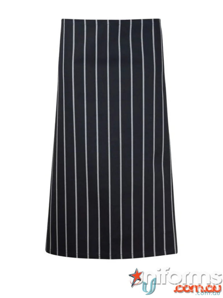 Black full-length apron with thin white cafe stripe, perfect for apron cafe stripe style