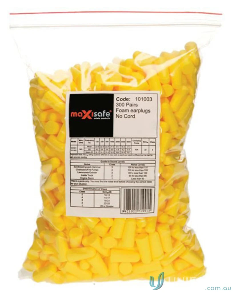 Yellow foam uncorded earplugs in a 300pk MaxiPlug box for work or medical uniforms