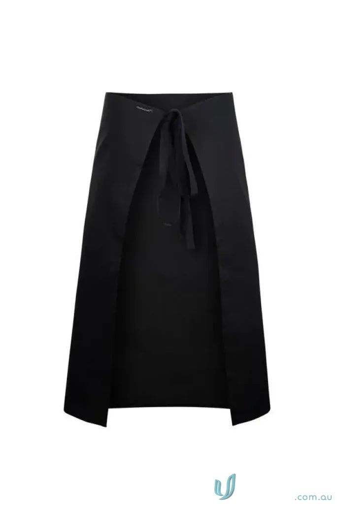 Black wrap skirt with tie waist, 3QTR length apron, herringbone tape ties, Workcraft Kitchen Hands