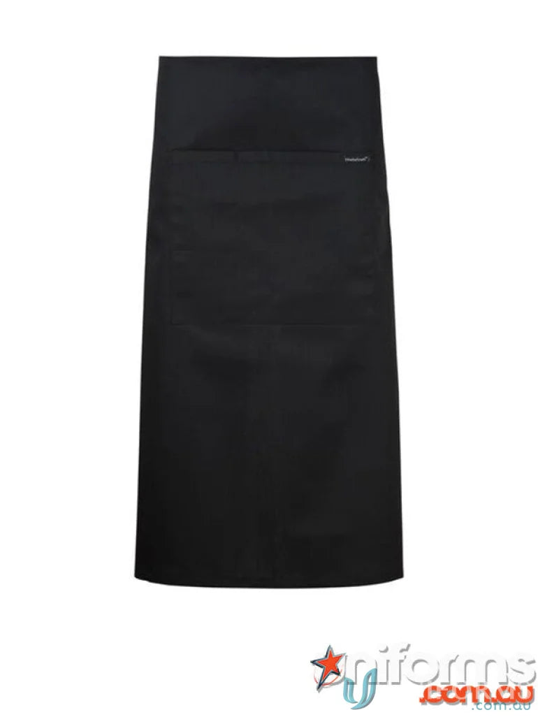 Long black length apron with pocket, perfect for uniforms and holding a bottle opener