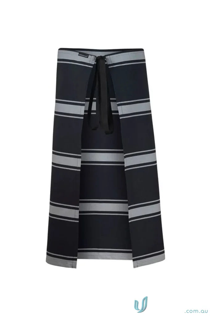 Black and grey striped butchers stripe apron with 3Qtr length tape ties and herringbone tape workcraft