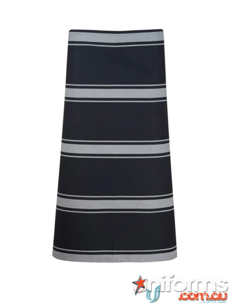 Dark blue and grey butchers stripe apron with 3Qtr length tape ties and herringbone tape workcraft