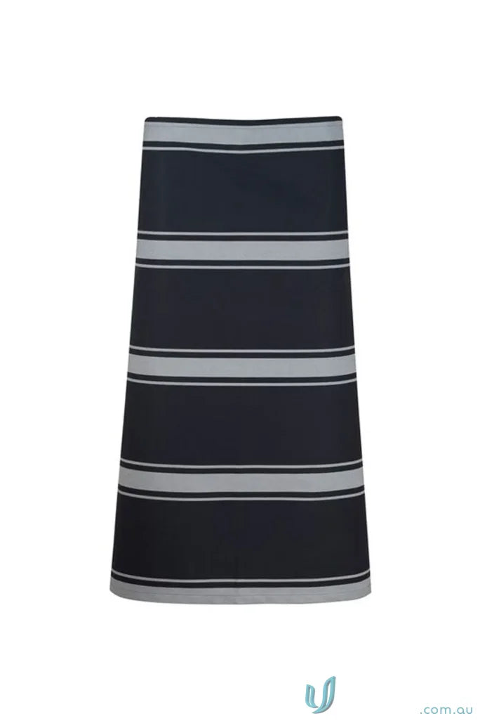 Dark blue or black butchers stripe apron with light gray stripes and 3Qtr length tape ties