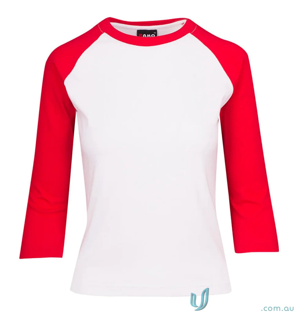 Red and white raglan sleeve shirt from 3Qtr Raglan Tee with sizing guide size info