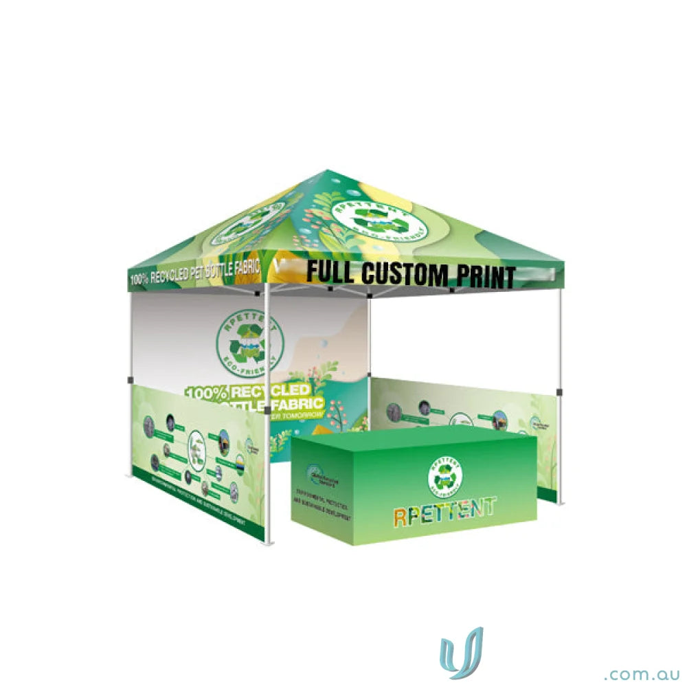Green custom-printed tent for events with table covers, uniforms, and workwear display