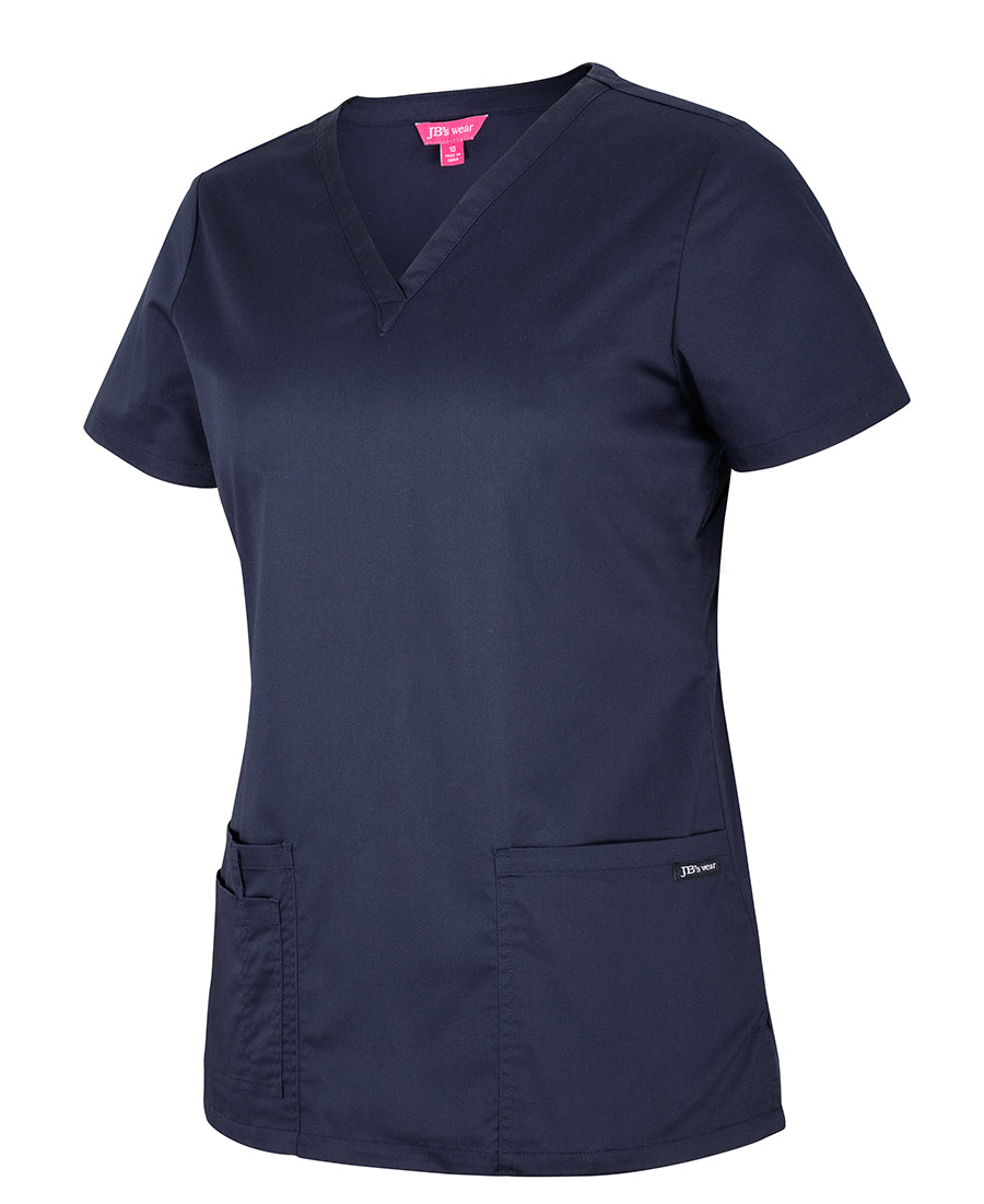 Navy blue ladies premium scrub top with v neck and two pockets perfect for comfortable work uniforms and workwear