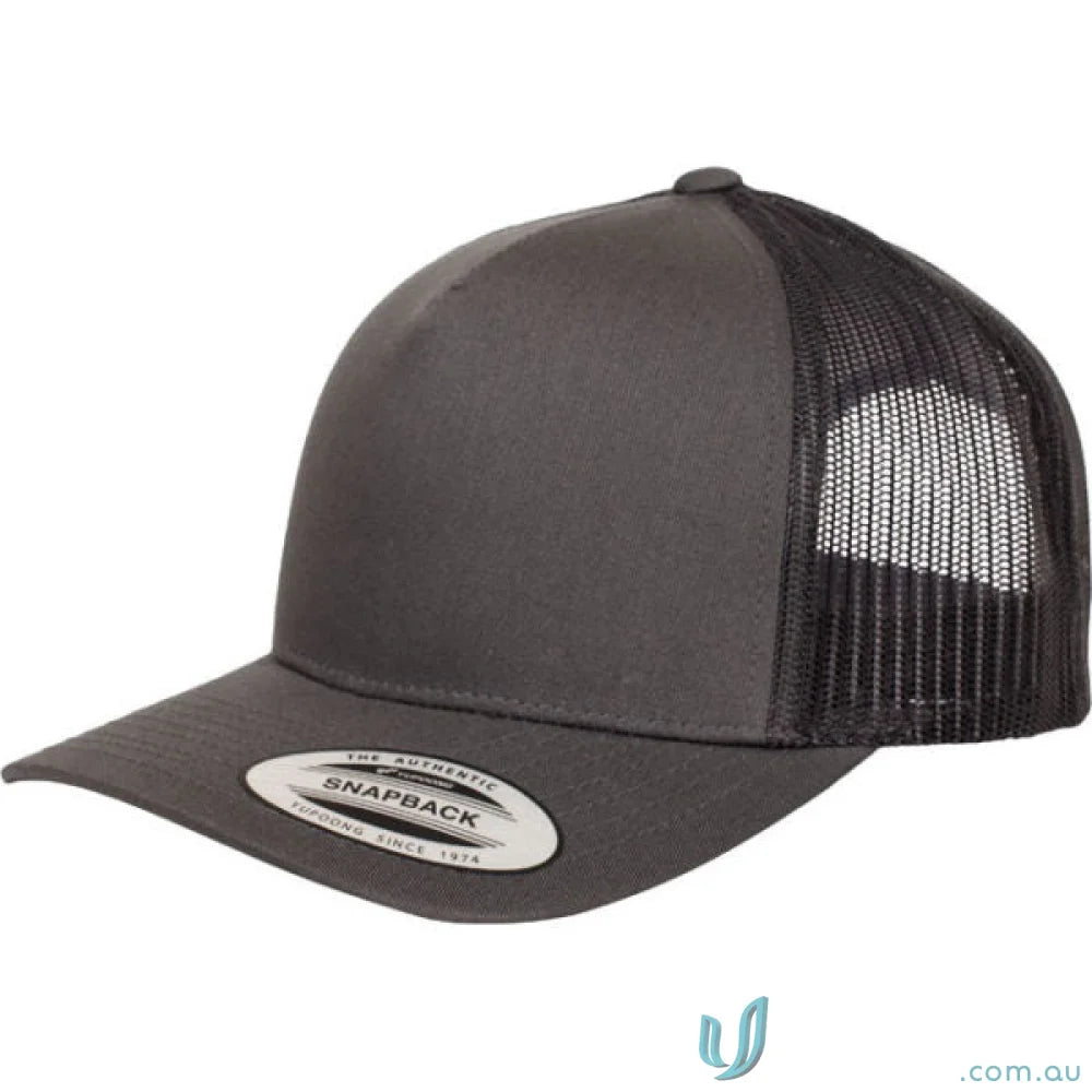Charcoal grey and black mesh 5 Panel Trucker Cap with flat brim perfect for casual wear