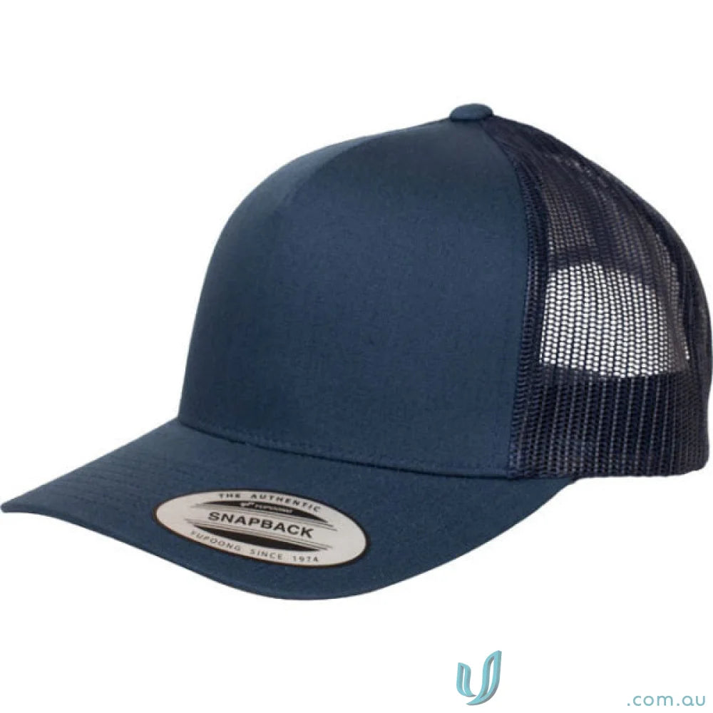 Dark blue 5 Panel Trucker Cap with mesh back and SNAPBACK sticker for style