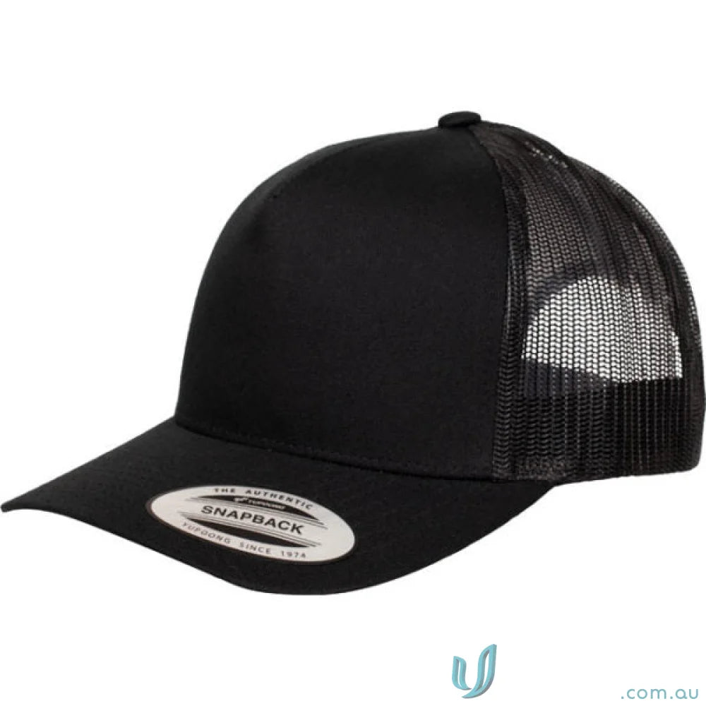 Black panel trucker cap with mesh back and Authentic Snapback sticker on brim