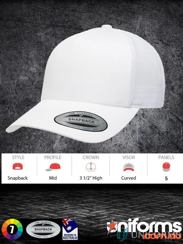 White 5 Panel Trucker Cap with curved visor for a cool trucker cap look