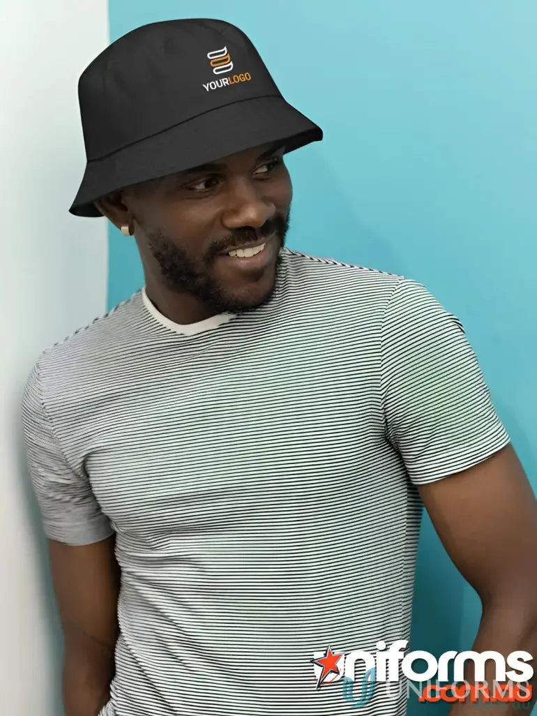 Black bucket hat made of heavy brushed cotton with embroidery, price includes embroidery