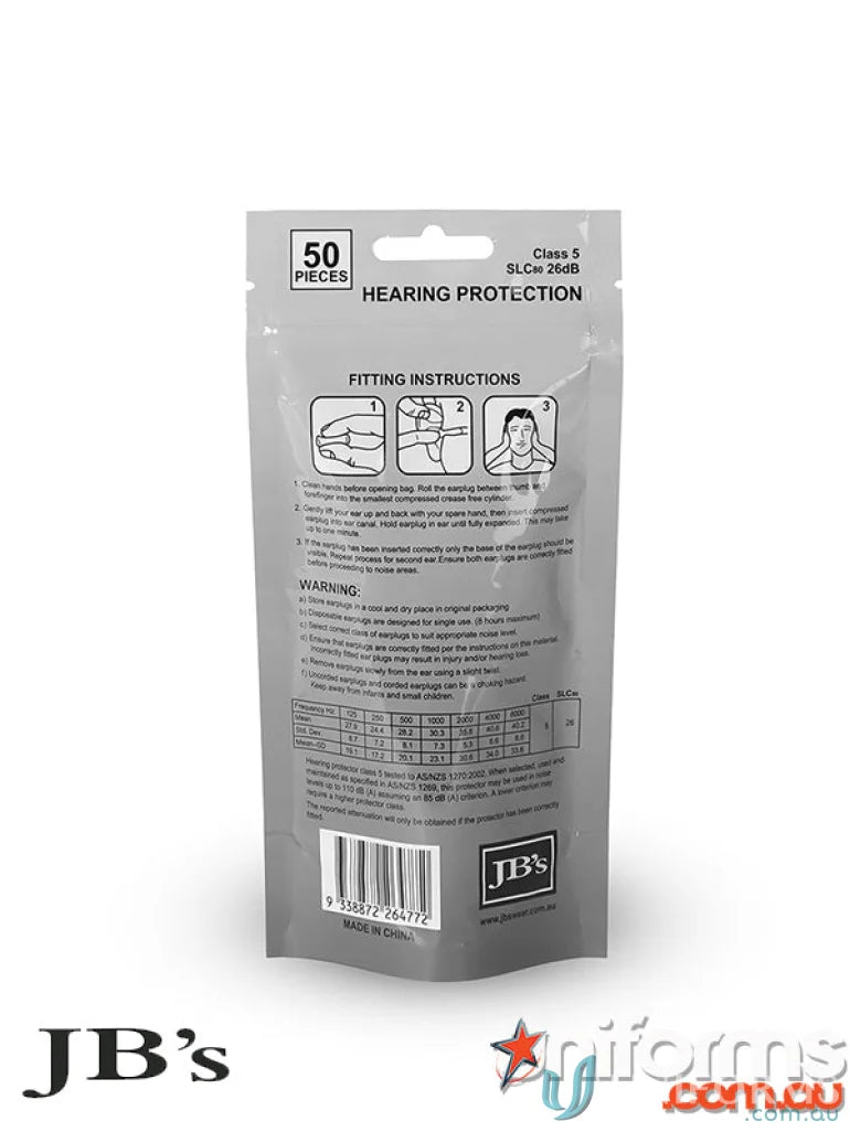 Pack of 50 bullet shaped ear plugs for uniforms and workwear protection