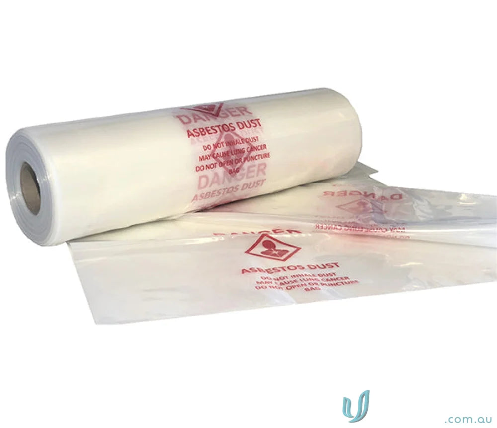 Roll of clear plastic asbestos disposal bags for work uniforms and workwear safety