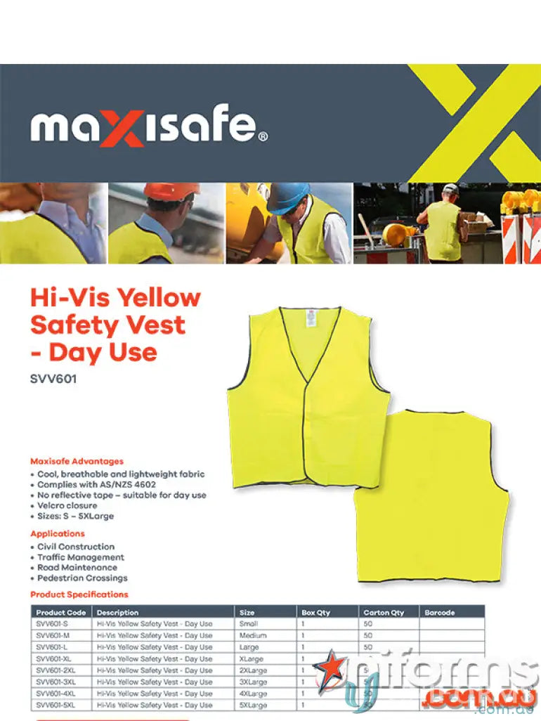 Bright yellow safety vest from 50pk Maxisafe workwear, perfect for work uniforms