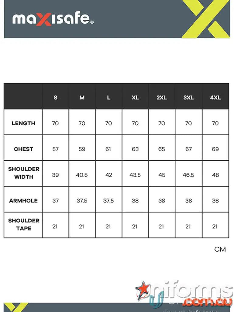 Clothing size chart for Vic Roads safety uniforms and workwear vest