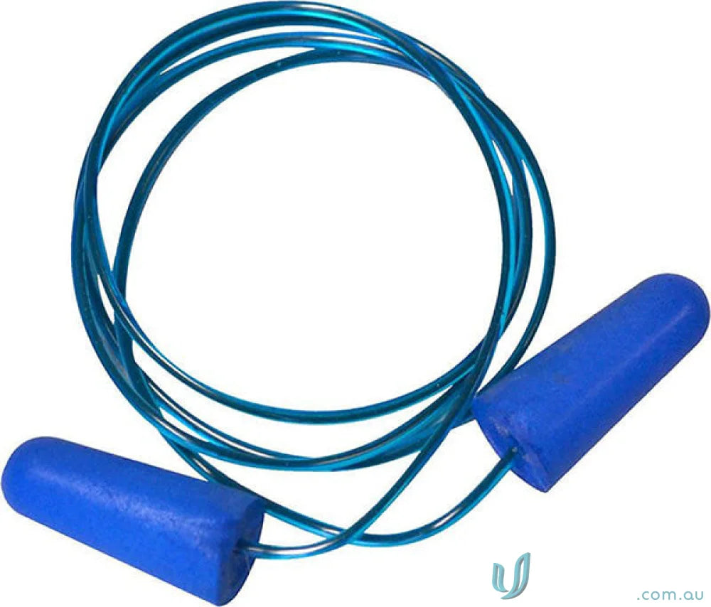 Blue corded earplug in workwear for safety, part of 5pk.MaxiPlug Detectable Earplug series