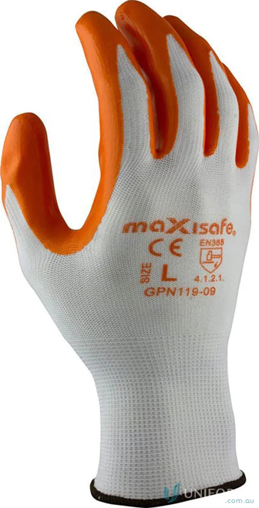 Orange and white polyester glove with nitrile coating from Maxisafe work uniforms