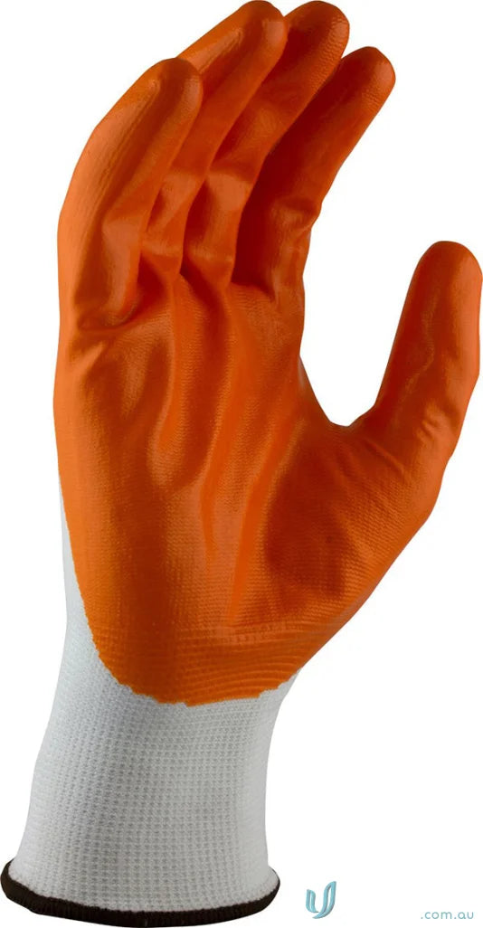 Orange and white polyester glove with nitrile coating from 5pk Maxisafe uniforms