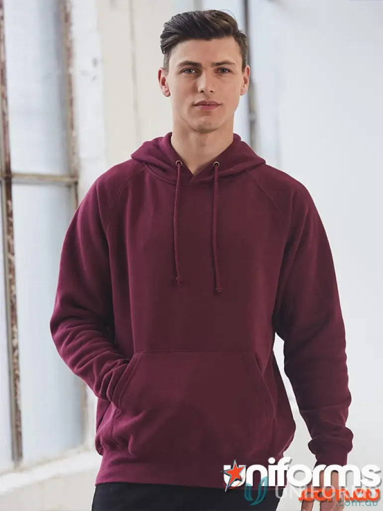 Young man in maroon hoodie cotton rich for warm hug fleecy comfort Spirit Adult Cotton