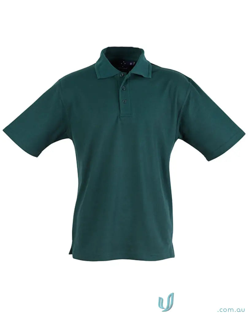 Dark green poly cotton pique polo shirt with ridged collar and twin-needle stitching