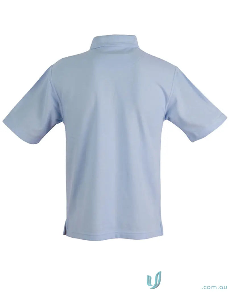 Light blue poly cotton pique polo shirt with ridged collar and twin-needle stitching