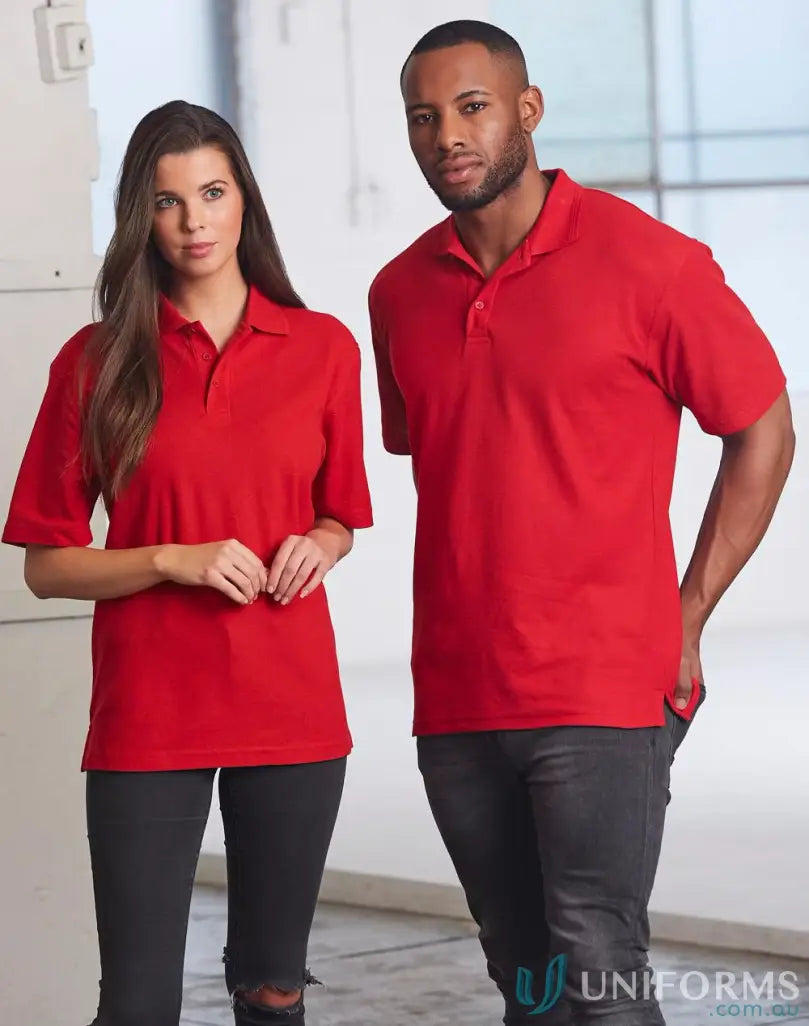 Matching red polo shirts in 5x bundle, poly cotton pique with ridged collar and twin-needle stitching