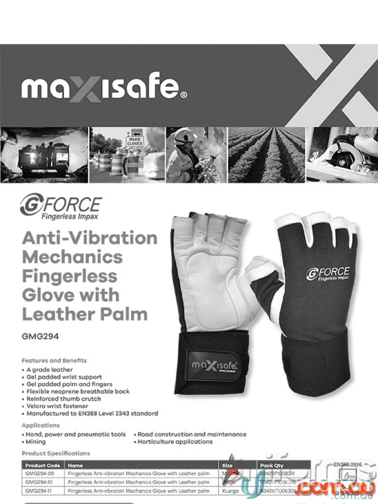 Gel padded anti-vibration mechanics fingerless gloves from G-Force workwear collection