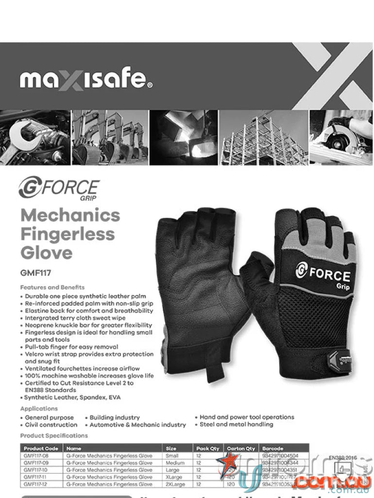 Mechanics fingerless gloves for industry, construction, or work uniforms in 6pk G-Force Grip