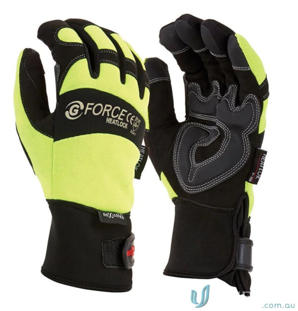 Pair of black and yellow work gloves from 6pk G-Force Heatlock Thermal Mechanics Glove for workwear
