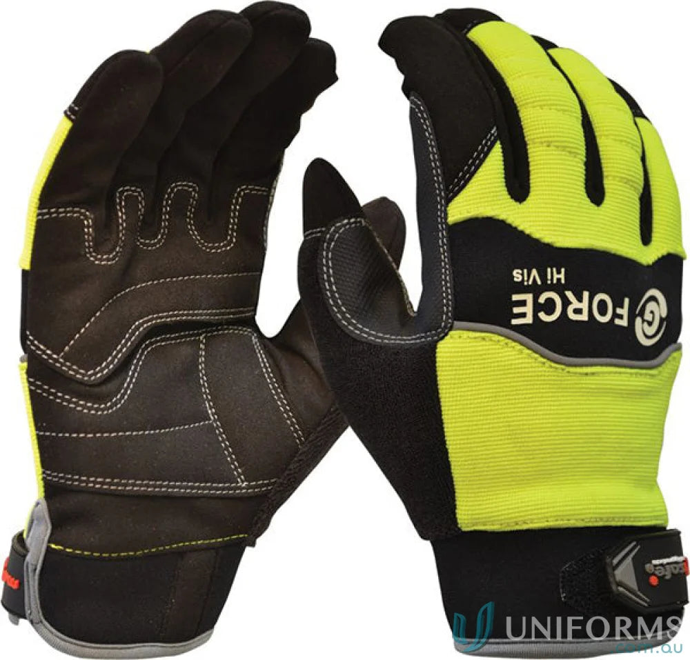 Pair of high-visibility synthetic leather work gloves from 6pk G-Force Hi-Vis Mechanics Glove