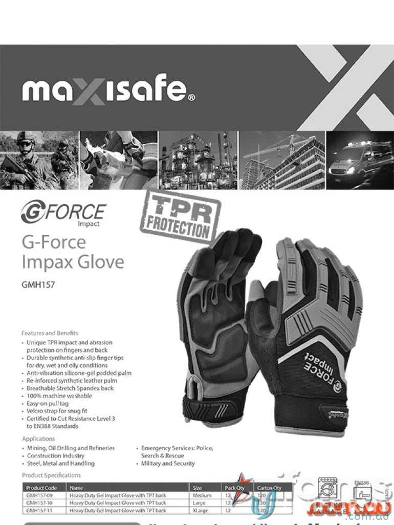 Heavy-duty impact gloves from 6pk G-Force Impact Mechanics for workwear and uniforms