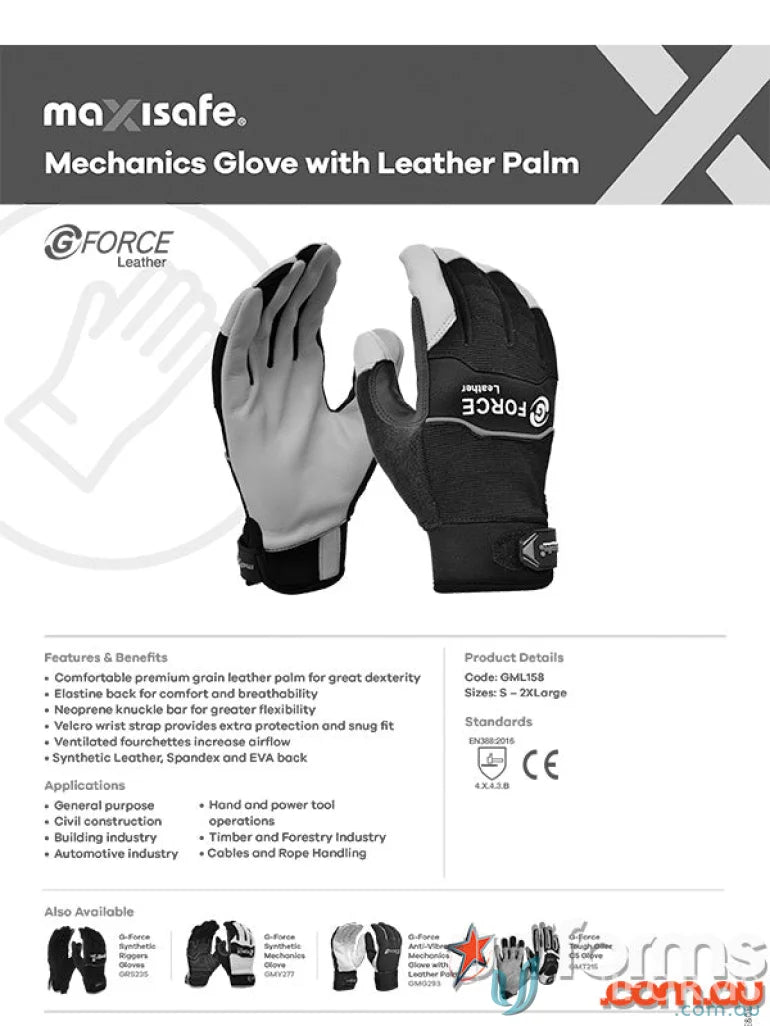 Mechanics gloves with leather palm for industry handling, part of G-Force uniforms
