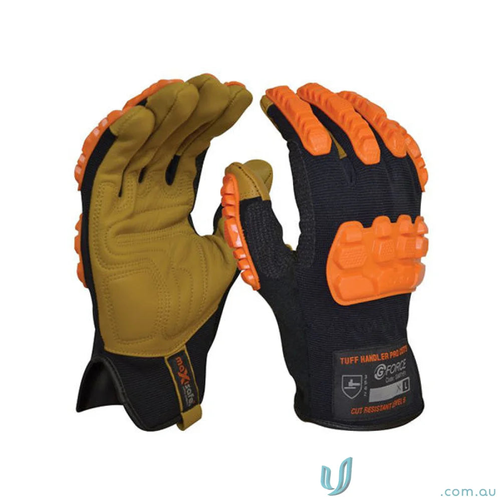 Tuff Handler work gloves with leather palm, black and tan, for uniforms and workwear