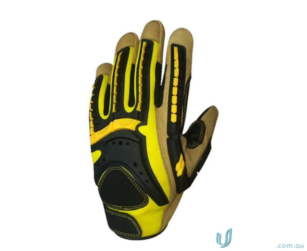 Yellow and black work glove with reinforced leather palm for tough jobs