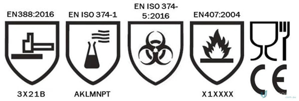 Safety glove rating symbols on 6pk Harpoon Green Latex Gauntlet workwear