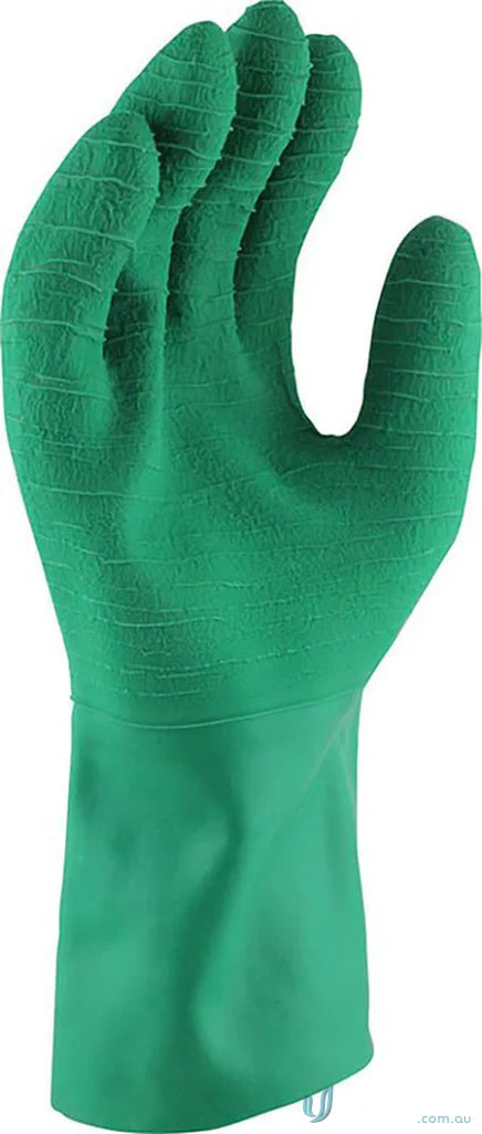 Green textured rubber glove perfect for workwear and uniforms in tough jobs
