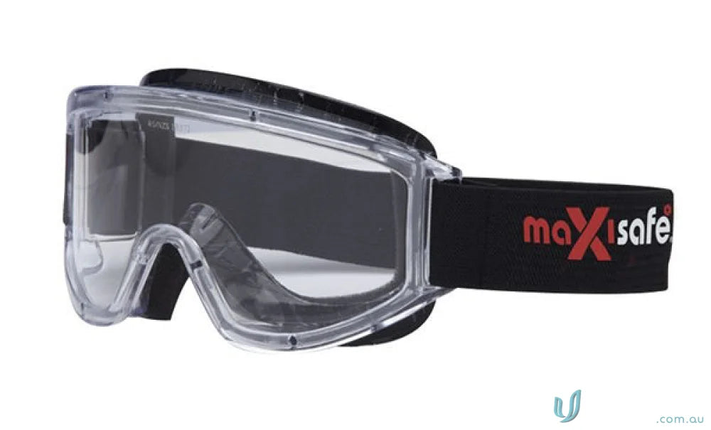 Clear safety goggles with black strap and anti-fog lens for smoke protection