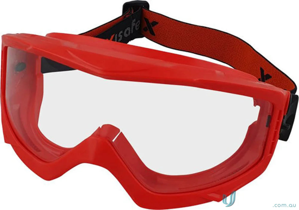 Red-framed NZS safety goggles with clear lens for work uniforms and protection