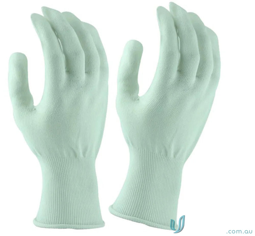 White knit gloves from the 6pk Microfresh Cut E White Food Grade Liner Glove for workwear
