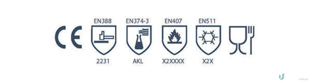 Safety certification symbols on NEOTHERM Heat Resistant Neoprene Gauntlet workwear