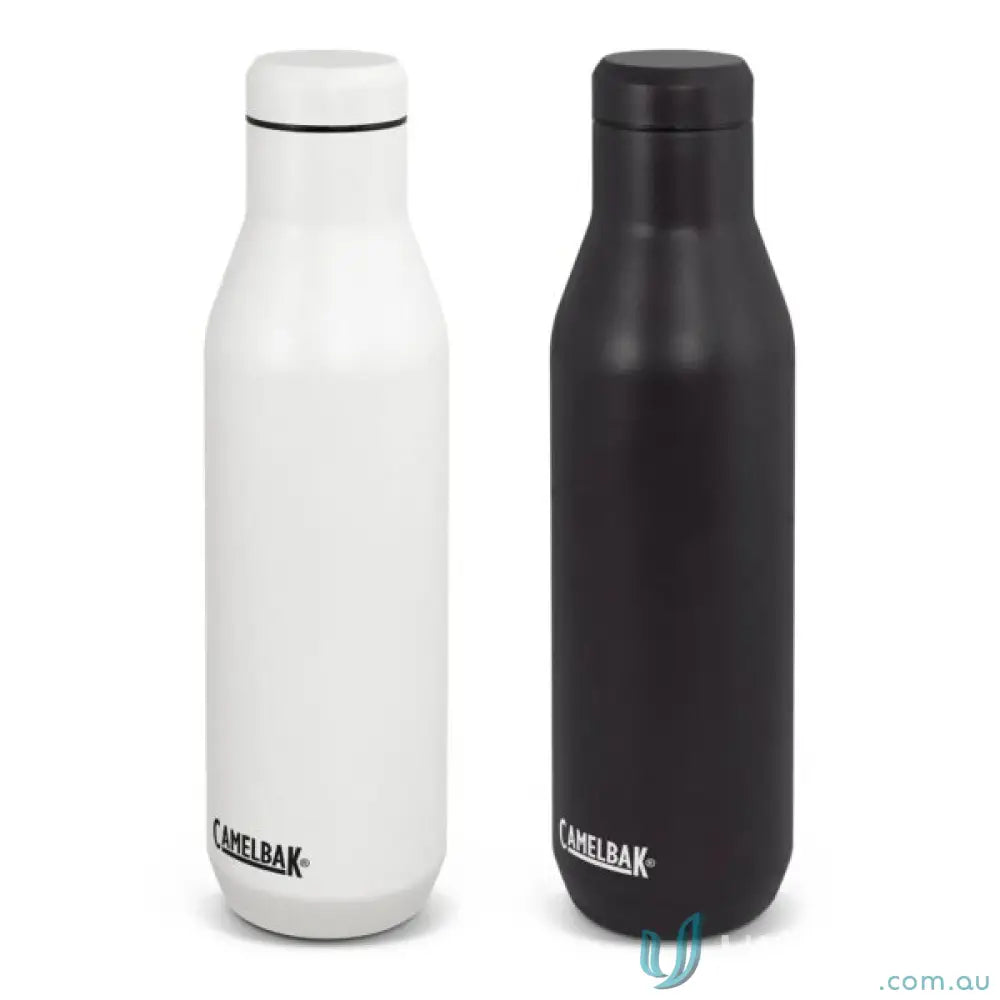 Two insulated stainless steel CamelBak Horizon Vacuum Bottles for keeping drinks hot or cold