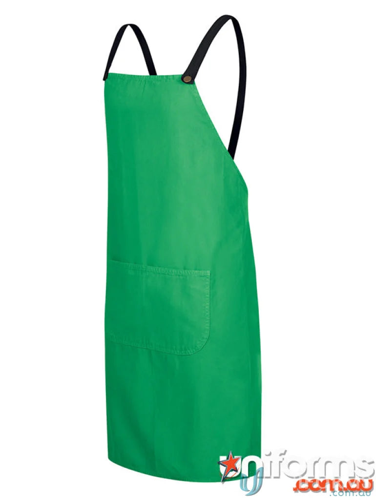 Green apron with black straps, perfect for work uniforms and workwear projects