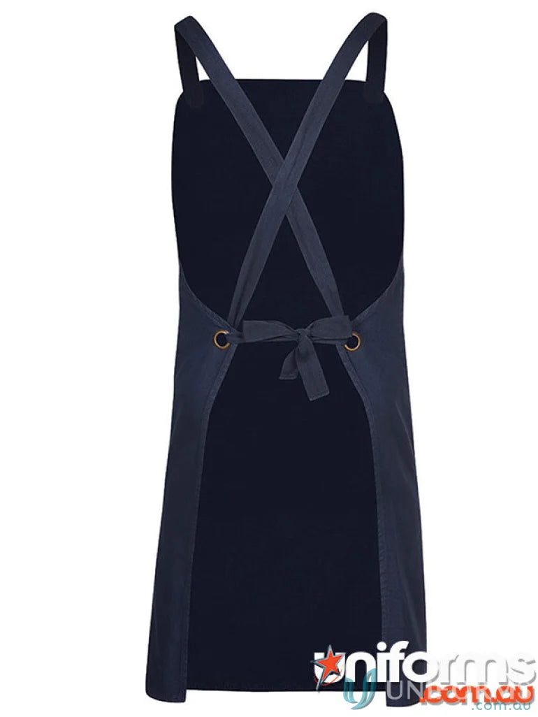 Navy blue cross-back apron perfect for work uniforms and workwear durability