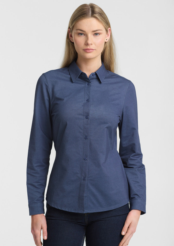 Biz Collection Womens Venture Long Sleeve Shirt BS2619LL in Denim Blue on model