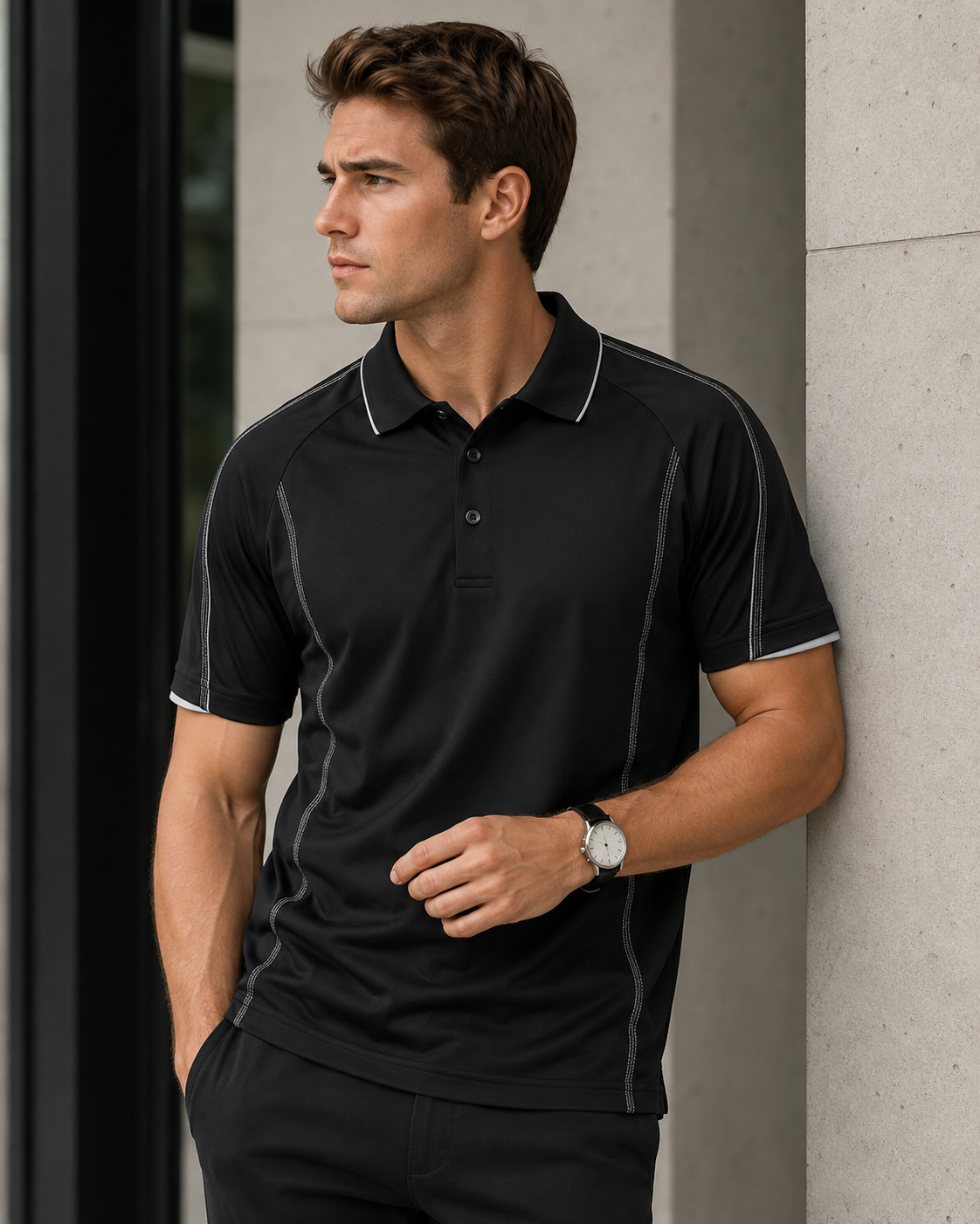 A man wearing a black short-sleeve athletic polo shirt with white piping details on the collar and sleeve cuffs, leaning against a light gray concrete pillar.